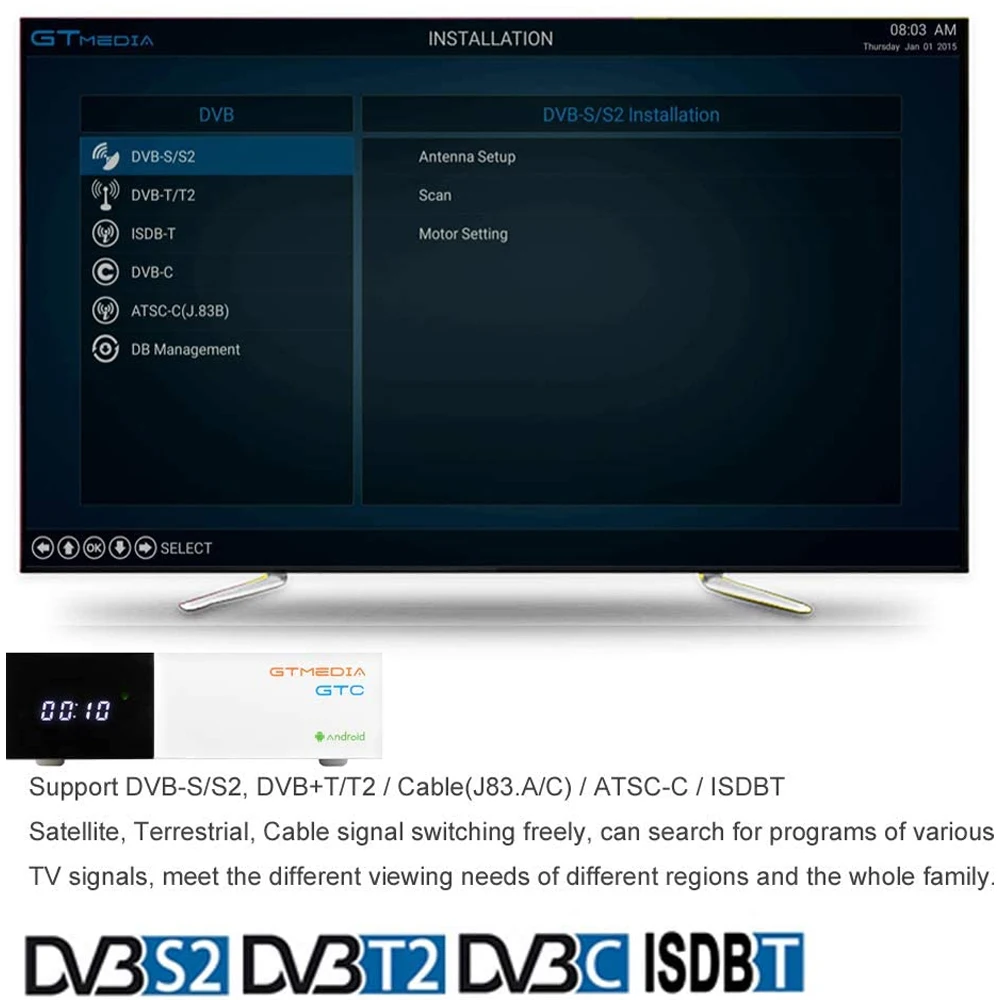 Smart Android ТВ коробка Gtmedia GTC DVB S/S2 + T/T2/кабель/ATSC C(J.83B)/ISDBT AVS Встроенный Wi Fi 2 4G Google Play для