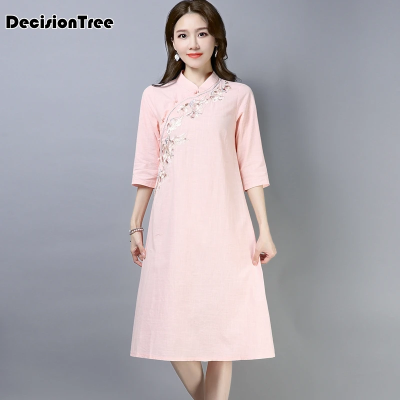 Китайское платье, женское, цветочное, свадебное, qipao, винтажное, воротник-стойка, хлопок и лен, cheongsam, плюс, половина рукава, вечернее платье