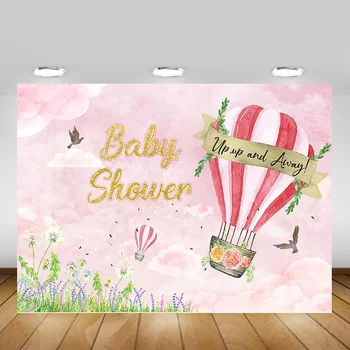 

Baby Shower Backdrop Photocall Up Up and Away Hot Air Balloon Gender Reveal Photography Background Pink Blue Dandelion Backdrop
