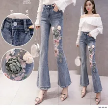 Весна женские джинсы плюс размер 3D Цветочная вышивка длинные брюки стрейч Высокая талия женские джинсовые расклешенные брюки женские 2876
