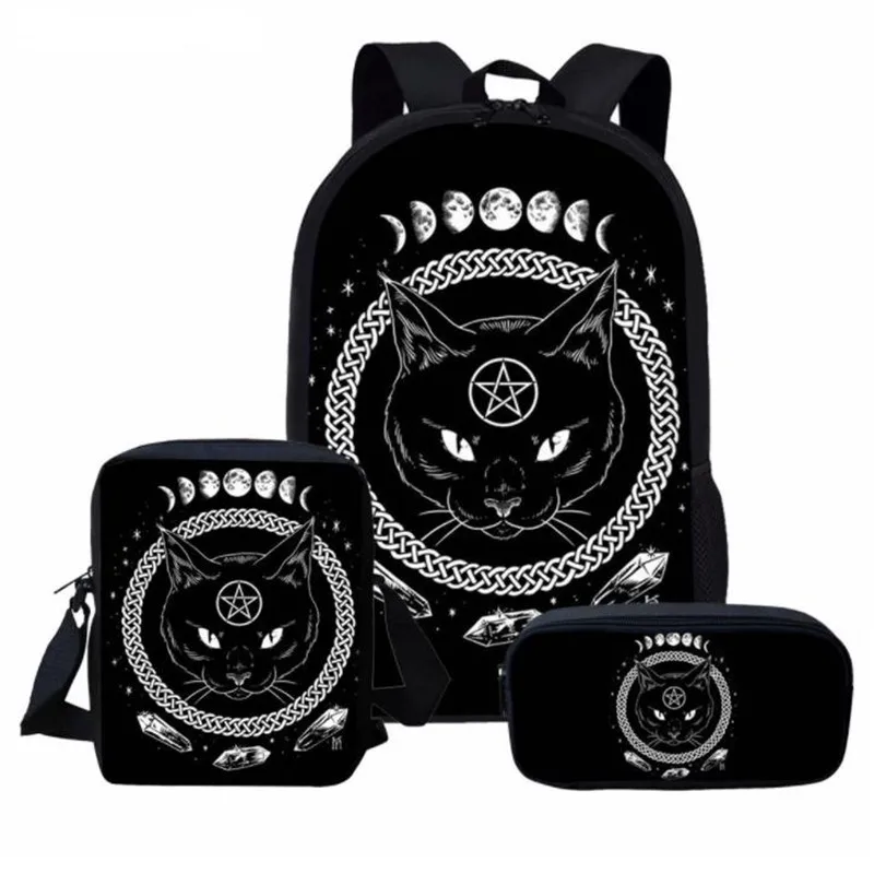 3Pcs/Set School Rucksack Children Backpack Gothic Moon Phase Black Cat Print Large Capacity Schoolbag for Teenager Girls | Багаж и сумки