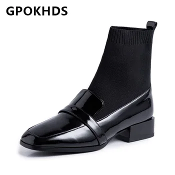 

GPOKHDS 2021 women Ankle boots Patent Leather Winter short plush Square Toe knitted Med heels female boots size 40