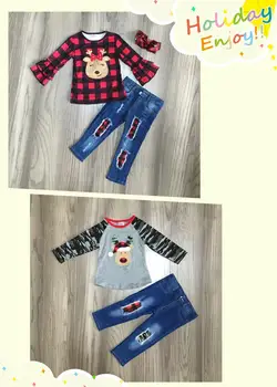 

baby girls clothes children Christmas outfits elk deer tee with jeans pants girls boutique clothes with bow