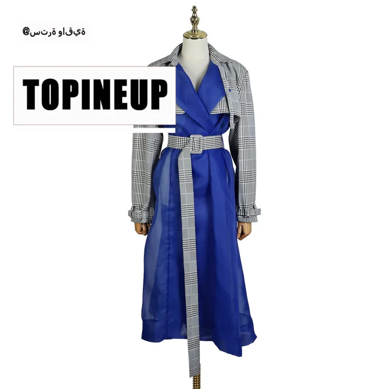 

2019 New Organza Mesh Patchwork Plaid Windbreaker Streetwear Full Sleeve Turn-down Collar Long Female Hot Trench Coat