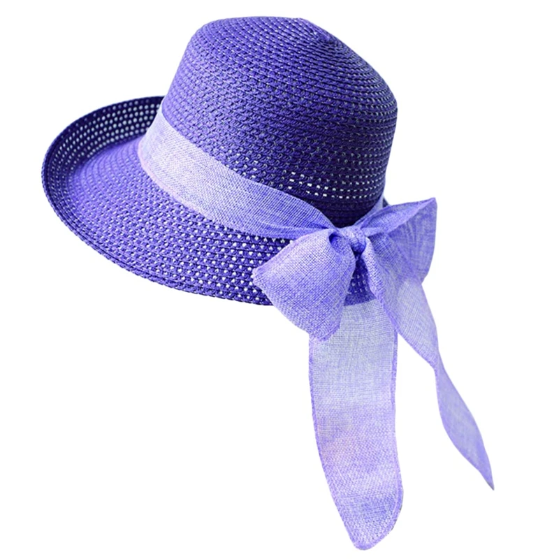 Purple Женская соломенная шляпа от солнца, большой край, шляпа с бантом, летняя шляпа, складная, скручивающаяся, Пляжная, для женщин - Цвет: Purple