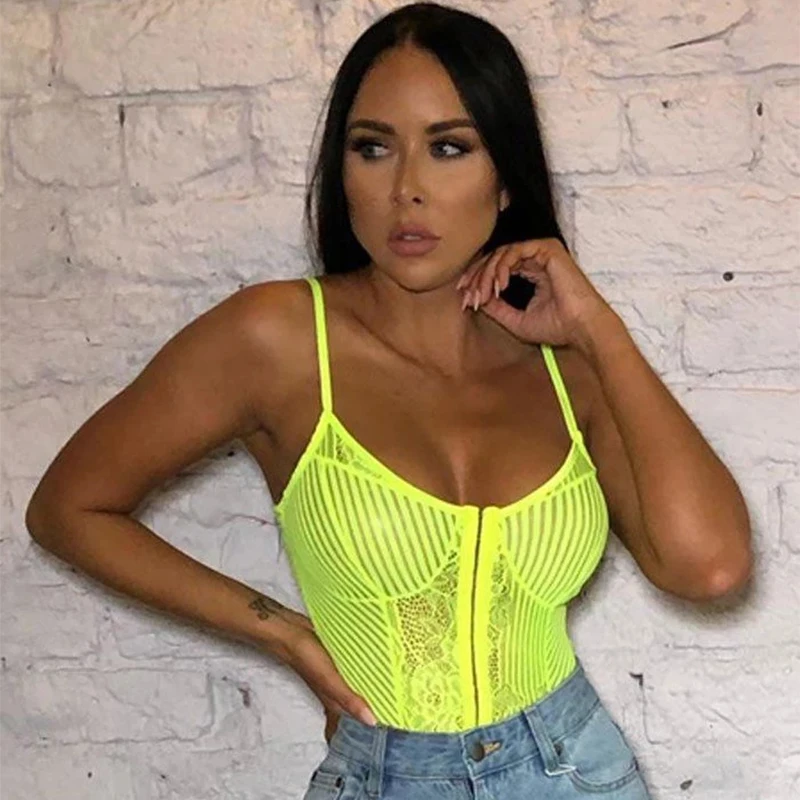 OMSJ Newest Women Neon Green Orange Stripe Lace Bodysuit One Piece Sheer Sexy Floral Embroidery Playsuit Night Out outfits Party short sleeve bodysuit