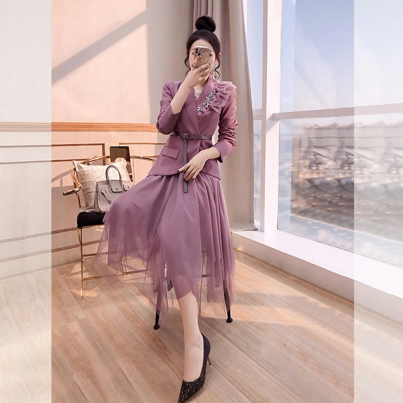 2024 New Women Oversized Suit Long Coat Mesh Skirt Two-Piece Set Autumn Spring Female Elegant Solid Blazer Dress Suits With Belt