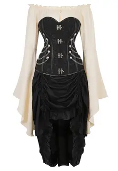 

Grebrafan Steampunk Chain Corset Bustiers with Pirate Skirt and Blouse 3 Piece Costume Carnival Dance Party