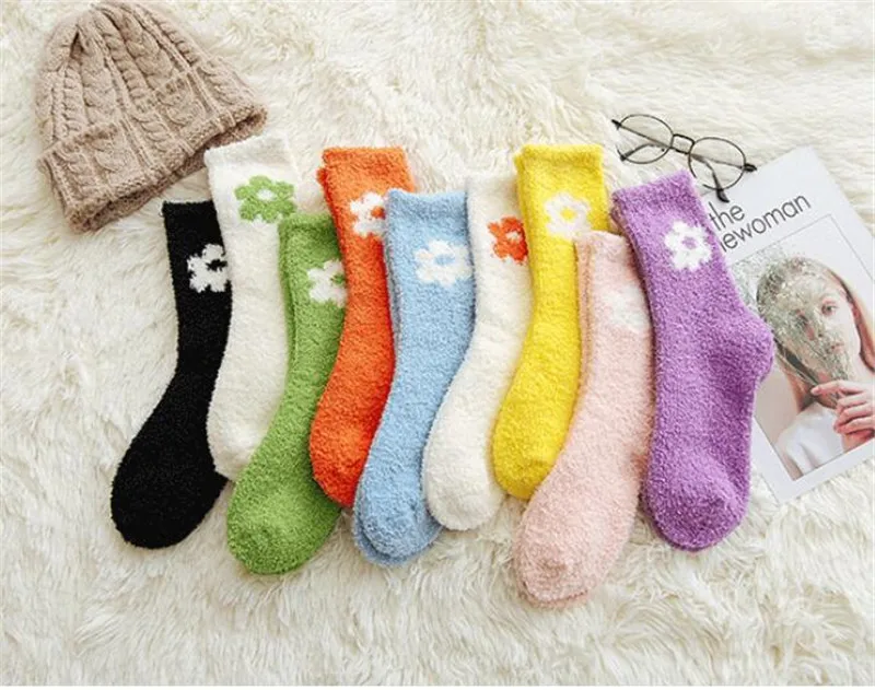 5Pairs/lot Cute Candy Color Solid Soft Women Fluffy Socks Coral Velvet Winter Warm Home Indoor Floor Terry Towel Fuzzy Socks