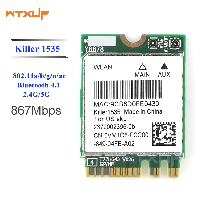 Killer 1535 QCNFA364A 802.11ac NGFF WiFi карта 867 Мбит/с для MSI GT72 GT80 GS60 GE62 GE72 PE60 PE70 / Dell Alienware 13 R2 17 |