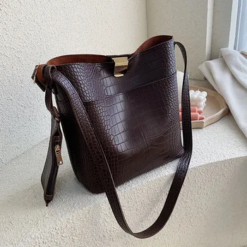

Vintage Crocodile pattern women Bucket bag ladies purses and handbags PU Leather Fashion Women's Totes 2Pcs female Shoulder Bags