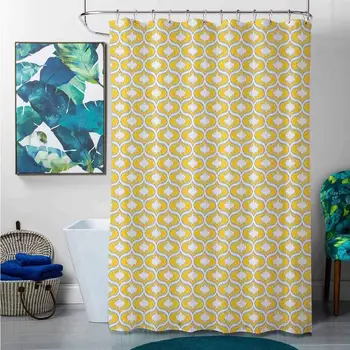 

Shower Curtains Blue and Green Ikat,Oval Shaped Design Vivid Color Ogee Motif Indonesian Culture Inspired Pattern, Yellow Grey