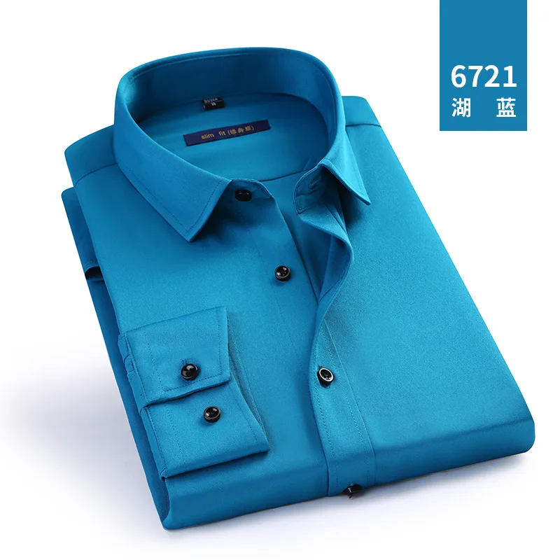 6721 Blue Осенние мужские рубашки masculino Hombre модная однотонная эластичная рабочая одежда тонкая мужская одежда умная Повседневная без глажки различных цветов 4XL - Цвет: 6721 Blue