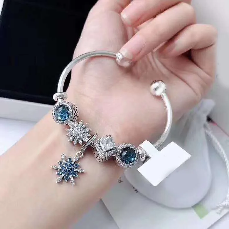 

Kaliyah Shop Original 1:1 100% 925 Pure Silver Blue Cat-Eye Snowflake Open Bracelet Gift First Choice Free Of Mail