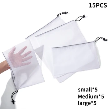 

15pcs Toy Storage Mesh Bag Multipurpose Foldable Fruit Vegetable Reusable Drawstring Practical Shopping Portable Polyester Pouch