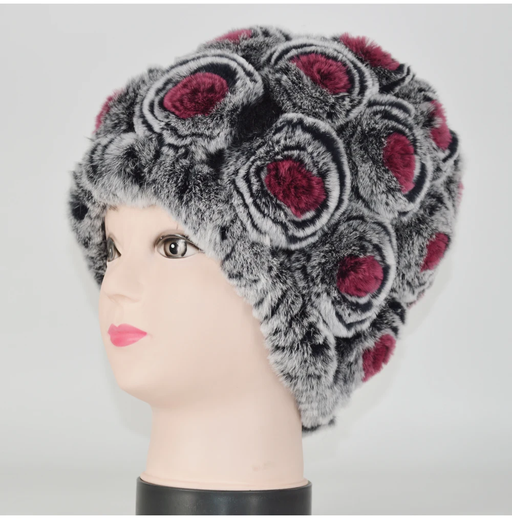 Winter Rex Rabbit Fur Hat Women Knitted Natural Rex Rabbit Fur Flowers Beanies Hats Warm Soft Real Rex Rabbit Fur Caps