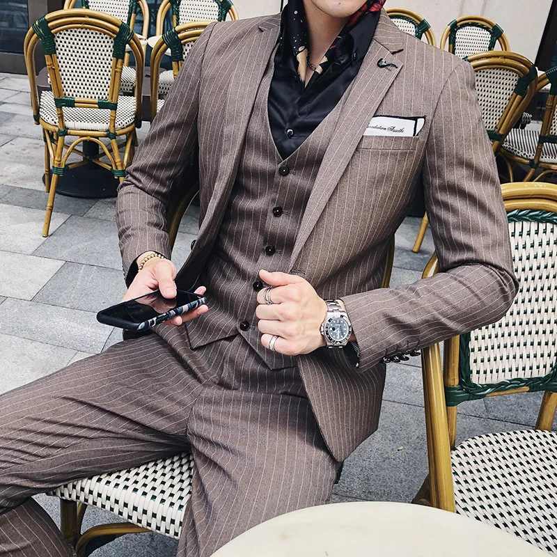 TZ51 Brown stripe Пиджак+ жилет+ брюки) бутик моды мужской Клетчатый повседневный деловой костюм высокого класса, деловой костюм 3 шт набор жениха свадьба - Цвет: TZ51 Brown stripe