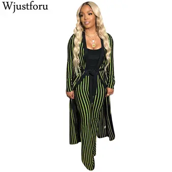 

Wjustforu Winter Striped 2 Piece Set Tracksuit Women Long Cloak Coat + Casual Long Pants Femme Bandage Bodycon Two Piece Set