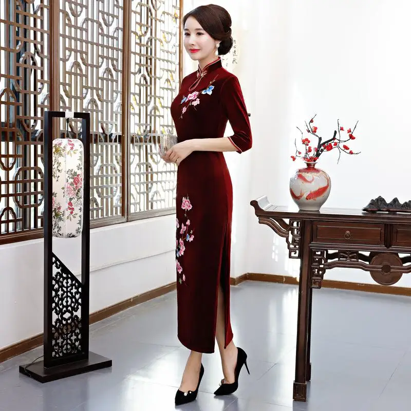 Женское шикарное платье Чонсам с бусинами, сексуальное китайское платье, традиционное велюровое платье Ципао с разрезом, классическое вечернее платье с цветами, Vestidos - Цвет: burgundy