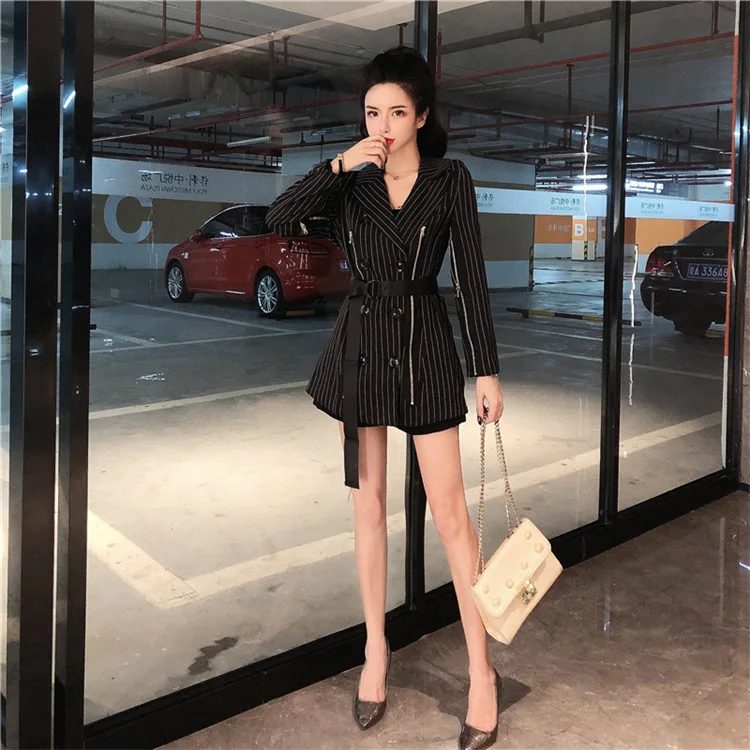 

Price Control 77 Yuan Autumn And Winter WOMEN'S Dress 2019 Autumn Clothing Long Sleeve Zipper Double Breasted Stripes Mid-length