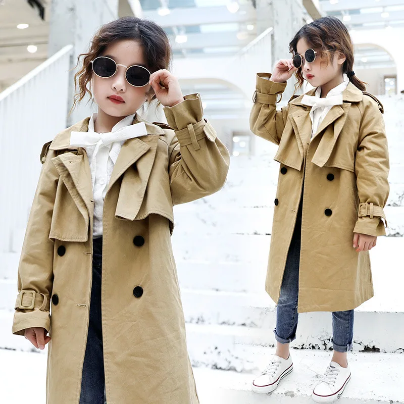 

2019 Spring New Style Girls Casual Coat Big Boy Version of Jane Solid Color Double Breasted Trench Coat Fashion
