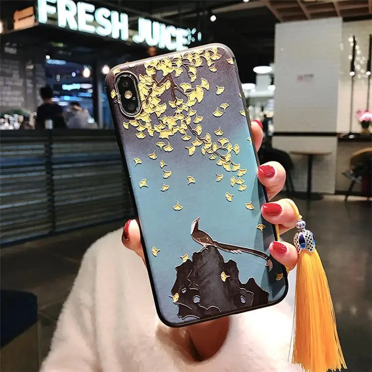 Ретро шаблон для iPhone X чехол для телефона 11 Плюс силиконовый iPhone8 7 мягкая кисточка кулон 6 Мода Женщины - Цвет: 1
