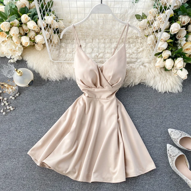 Women A-line Sexy Dress V-Neck Spaghetti Strap Backless Mini Dresses Soild Color Vestidos Slim Trend 2020 High Waist For Party 5