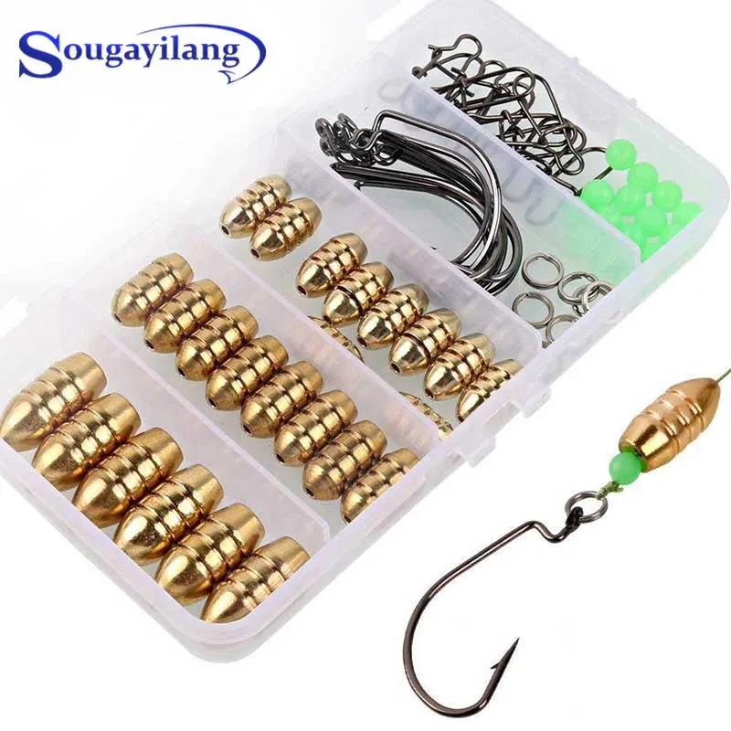 

Sougayilang Fishing Hook Tackle Box Set with Texas Offset Fish Hooks Copper Bullet Sinker Weight Luminous Beads for Fishing
