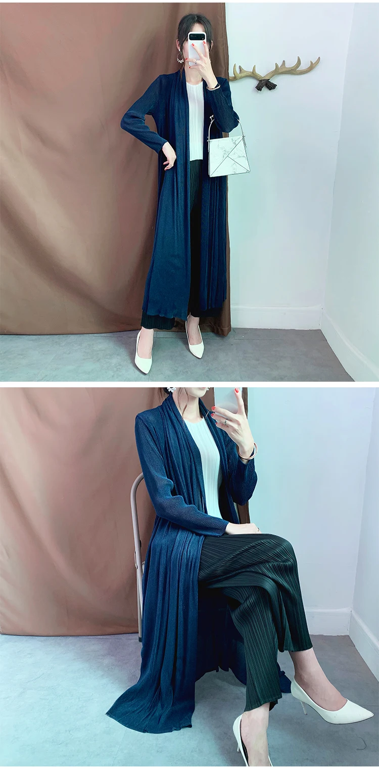 Miyake плиссированный Тренч Новое Осеннее однотонное свободное Золотое длинное пальто Элегантное открытое стежка с Длинным Рукавом Плиссированное ветрозащитное пальто большого размера