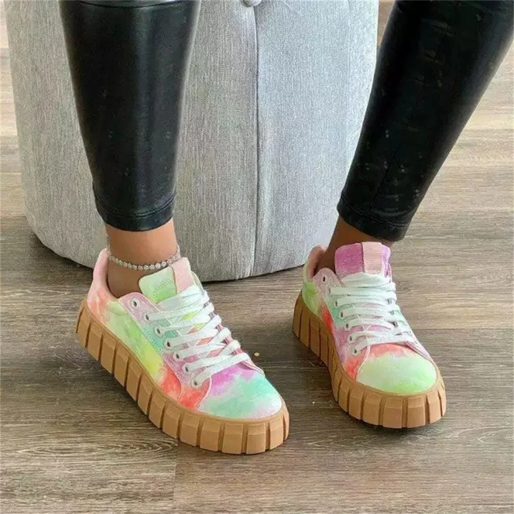 Women's Multi Color Sneakers 2025 New All Season Thick Bottom Ladies Lace Up Comfy Vulcanized Shoes Fashion Large-Sized Flats 3