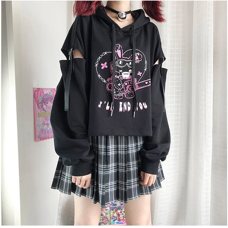 Japanese casual cartoon hip-hop Harajuku long-sleeved anime hooded kawaii autumn loose plus size Vintage women hooded sweatshirt