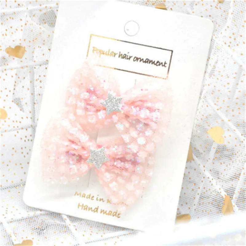 light pink clips 10 шт./лот, сетчатые заколки для волос с блёстками, бант для девочек, заколки для волос для детей, милые металлические безопасные повязки для волос, аксессуары для волос, вечерние головные уборы - Цвет: light pink clips