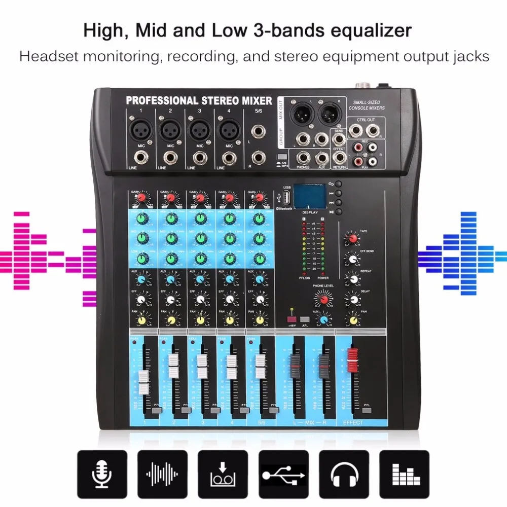 CT6 6 Channel Professional Stereo Mixer Live Audio Sound Console Vocal Effect Processor with 4-CH Mono& 2-CH Stereo Input