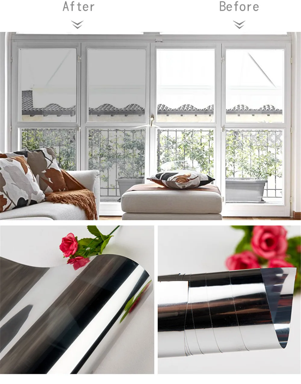 One Way Mirror Window Film Daytime Privacy Sun Blocking Reflective Self Adhesive Film Anti UV Heat Control Window Tint for Home