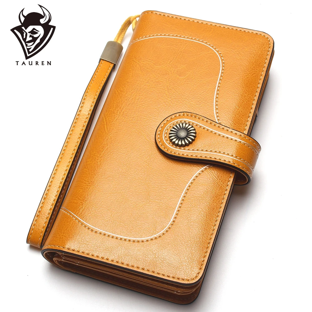 

RFID Blocking Vintage Wallet Oil Wax Leather Large-Capacity Genuine Leather Long Wallet Bronze Sun Flower Ladies Coin Purse