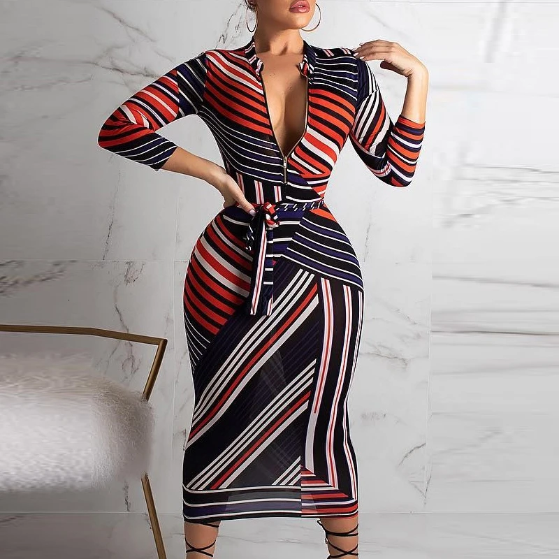 Geometric Striped Pencil Dress Women Robe Sexy Zipper Up Bodycon Midi Dresses Autumn Long Sleeve Skinny Vintage Vestidos