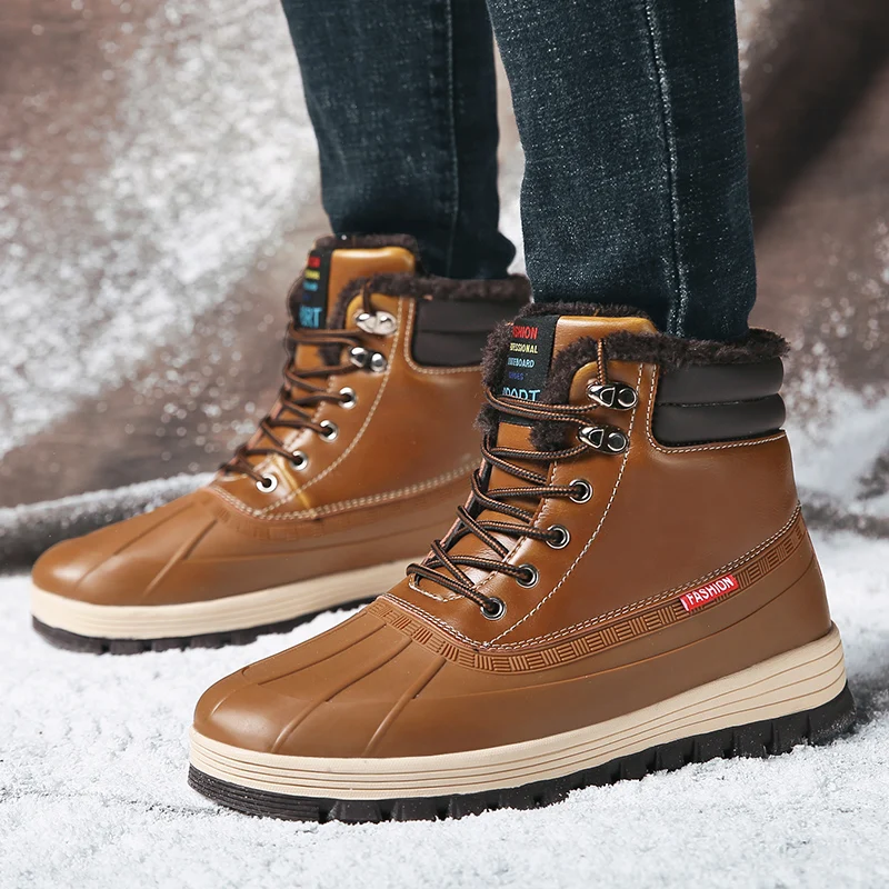 brown boot Мужские зимние ботинки, сохраняющие тепло мужская обувь с высоким берцем и плюшевой меховой подкладкой зимние походные ботинки водонепроницаемые ботинки, большой размер 48 - Цвет: brown boot