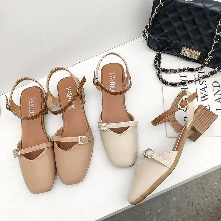 

2019 New Style Korean-style A- line Buckle Low-Cut Square Head Semi-high Heeled Shoes Chunky-Heel WOMEN'S Shoes Spring