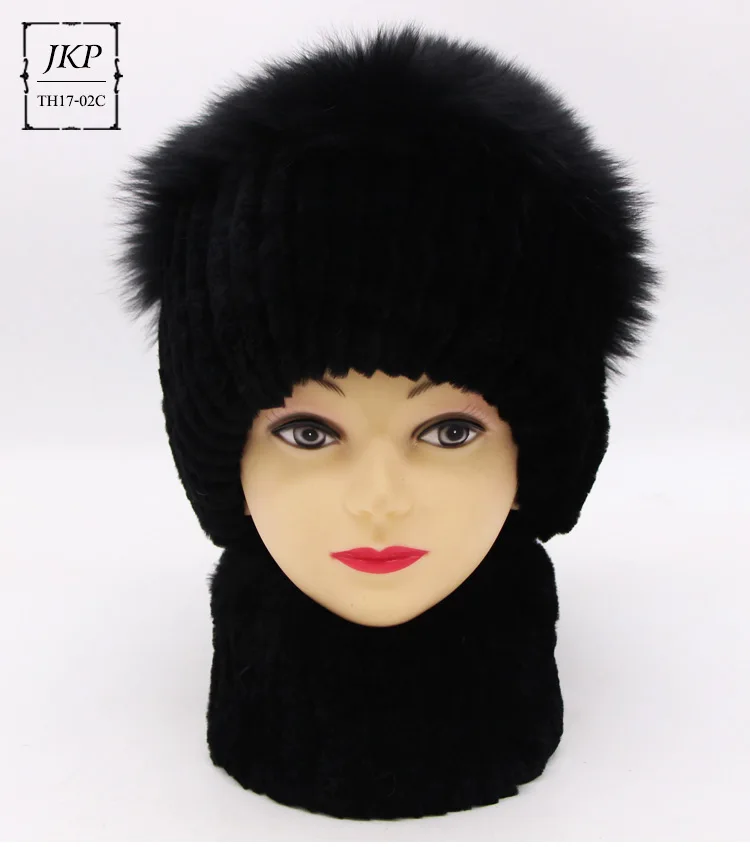 JKP Real Rex Rabbit Fur Set of Hat and Scarf for Women New Fashion Winter Real Fox Fur Hair Luxury Brand Hat and Scarf Set