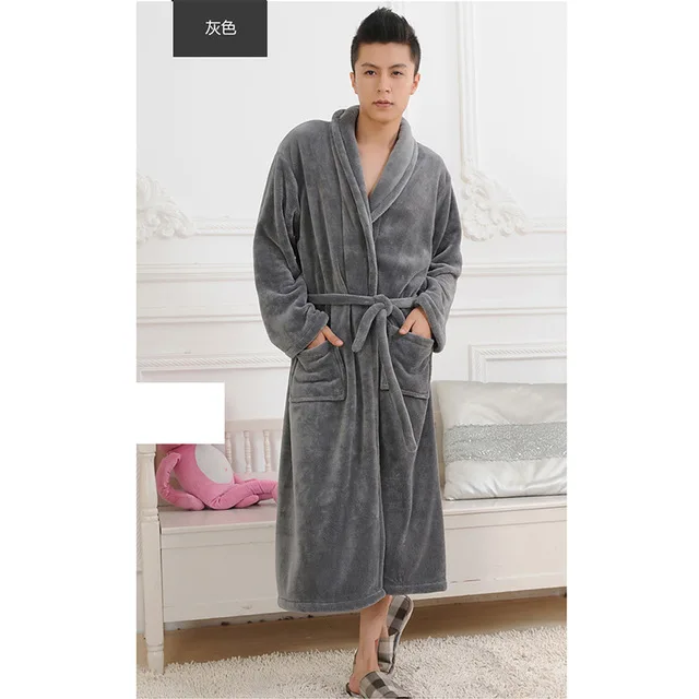 Women Men Flannel Bath Robe Sleepwear Autumn Winter Solid Plush Couple Bathrobe Thick Warm Female Robe Dropshipping - Цвет: Темно-серый