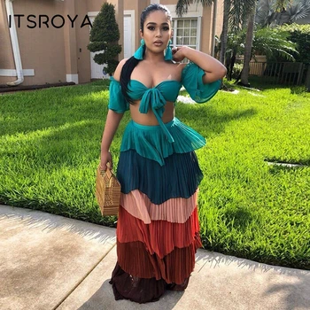 

Itsroya 2020 Summer Chiffon Sexy Two Piece Set Off Shoulder Crop Top And Long Dresses Draped Women Beach Wear Night Club Vestido