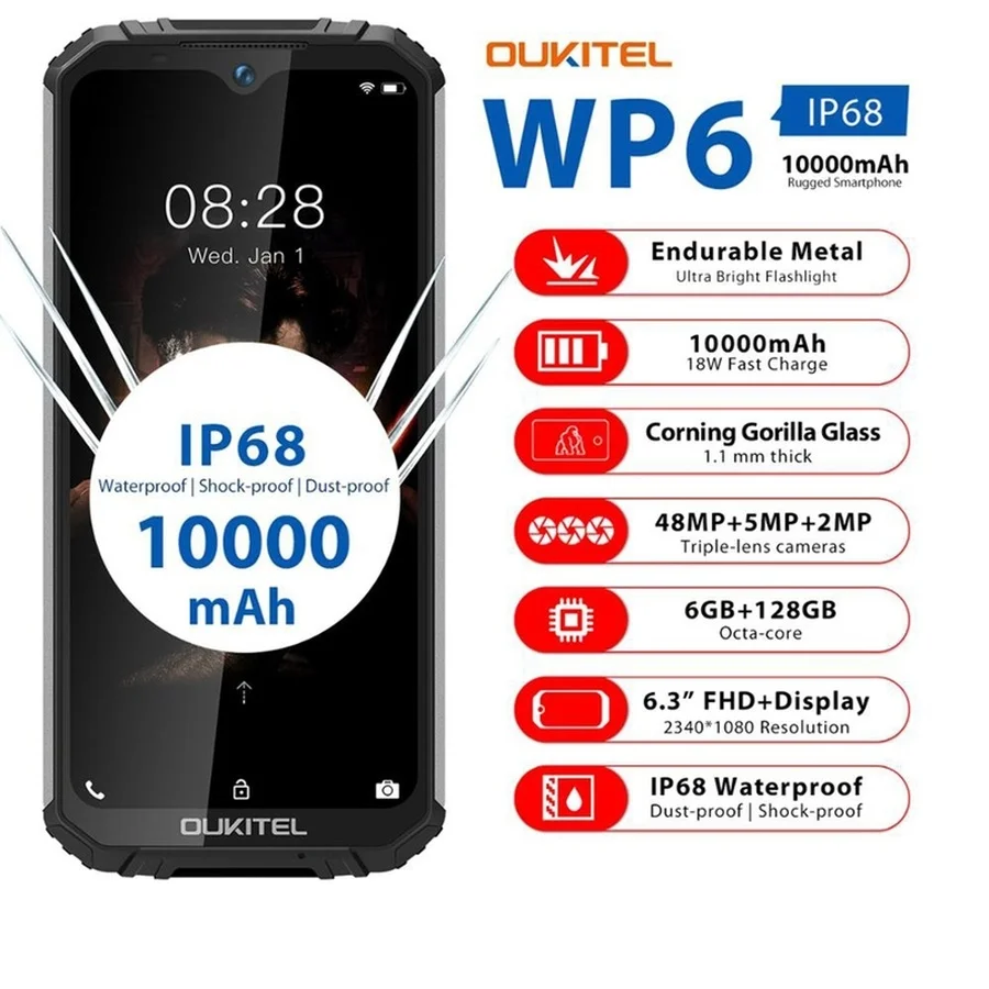 OUKITEL WP6 Mobile Phone 6.3" 6GB RAM 128GB ROM MT6771T Quad Core Android 9.0 10000mAh 48MP 9V/2A IP68 Waterproof Smartphone|Cellphones| - AliExpress