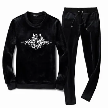 

Men's Velour Velvet Sport Tracksuit Track Suit Outwear 2PC Jacket Coat Pants Trousers Sets Long Slv Outfits Tiger
