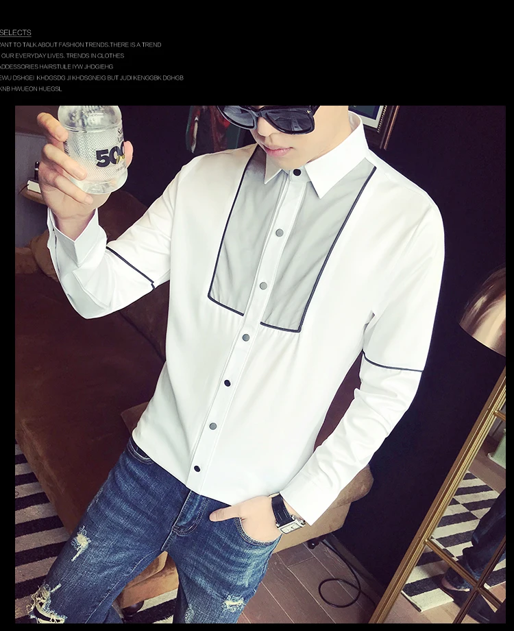 Camisa masculina manga longa Мода Лоскутные цветные мужские повседневные рубашки приталенная уличная одежда костюм воротник Выпускной смокинг 3xl-m