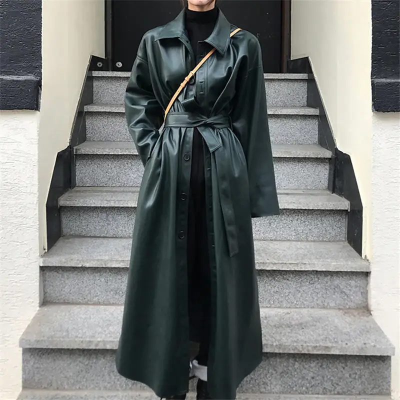 Женское длинное пальто из искусственной кожи элегантный Свободный плащ ветровка