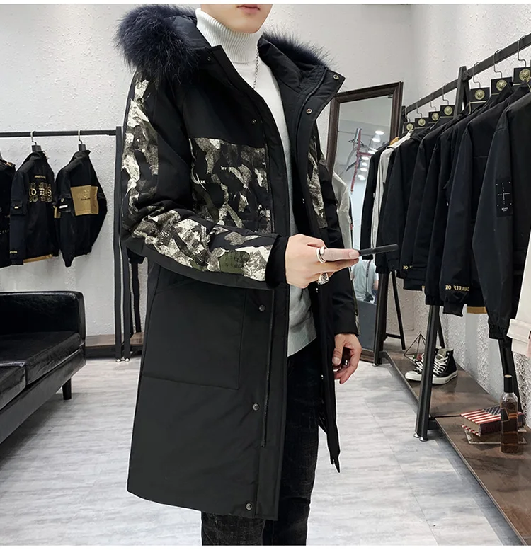 Cotton-padded Clothes Men's Mid-length Winter Coat Korean-style Fashion Teenager Handsome Hooded down Jacket Cotton-padded Cloth