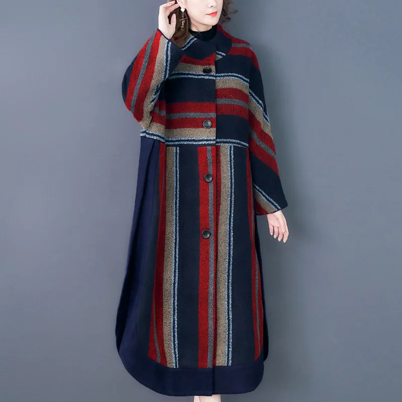 [EWQ] Autumn Winter New Pattern High Quality Hit Colors Stand Collar Single Breasted Vintage Woolen Overcoat Women AH91103