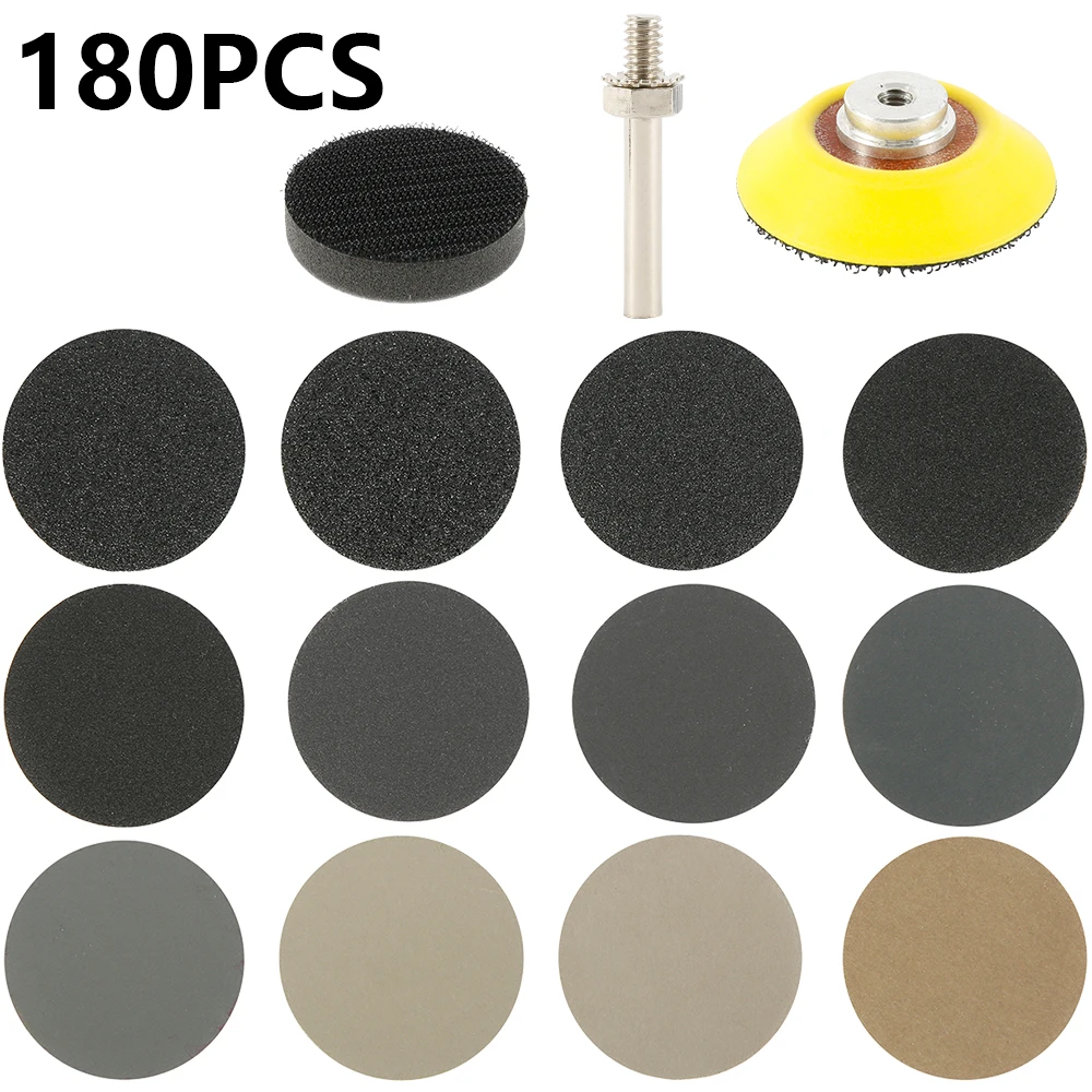 

180pcs 60 80 100 150 400 800 Grits Sanding Disc Set 2inch 50mm+ Loop Sanding Pad with 3mm Shank For Polishing Cleaning Tools