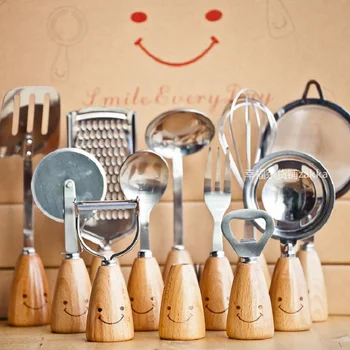 

Dinnerware Sets 12Pcs/Set Wood Handle Smiling Face Cooking Tool Kitchen Utensils Truner Ladle SUS 304 Stainless Steel Non-stick