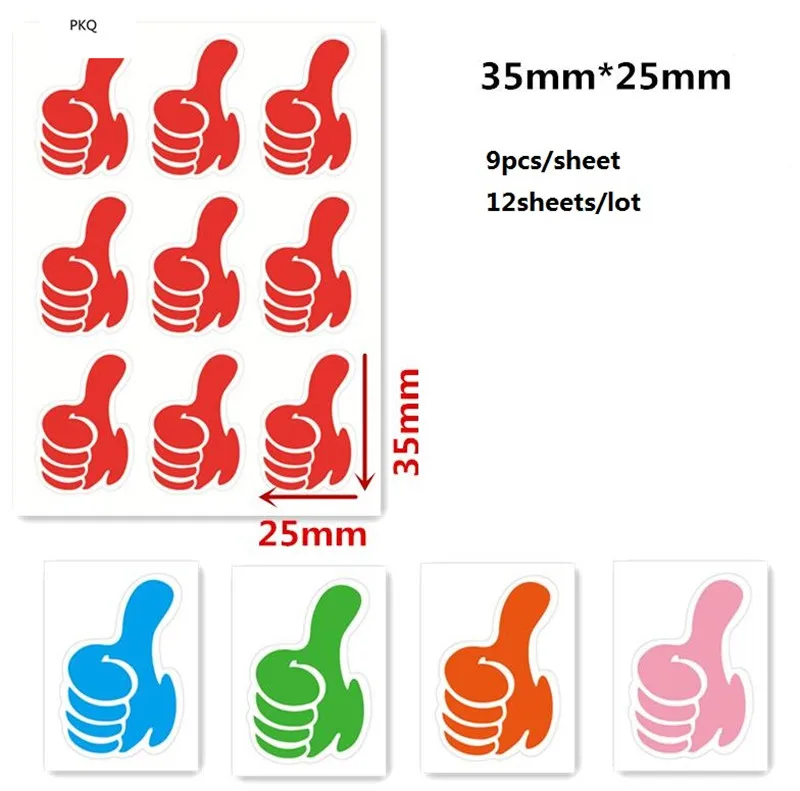 12 sheets 35*25mm Waterproof Paper Stickers Thumbs School Teachers Rewards Sticker For Student Self Adhesive Decoration Stickers